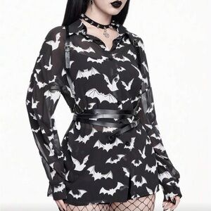 SOLD - Black Sheer Bat Print Blouse